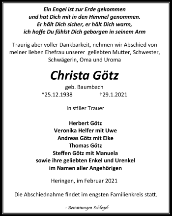 Traueranzeige von Christa Götz von Thüringer Allgemeine