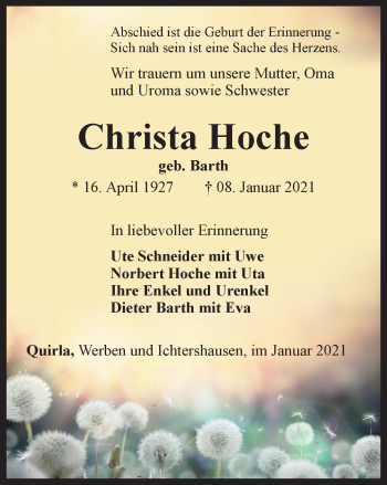 Traueranzeige von Christa Hoche von Ostthüringer Zeitung