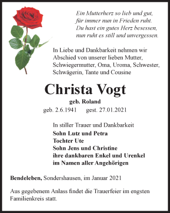 Traueranzeige von Christa Vogt von Thüringer Allgemeine