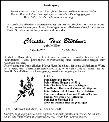 Traueranzeige von Christa Toni Blöthner von Ostthüringer Zeitung