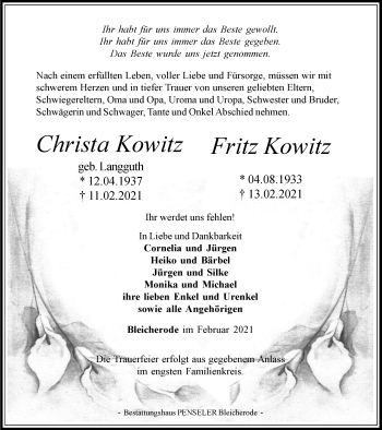 Traueranzeige von Christa und Fritz Kowitz von Thüringer Allgemeine