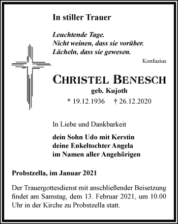 Traueranzeige von Christel Benesch von Ostthüringer Zeitung