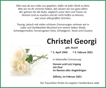 Traueranzeige von Christel Georgi von Ostthüringer Zeitung