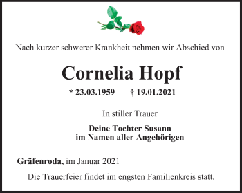 Traueranzeige von Cornelia Hopf von Thüringer Allgemeine