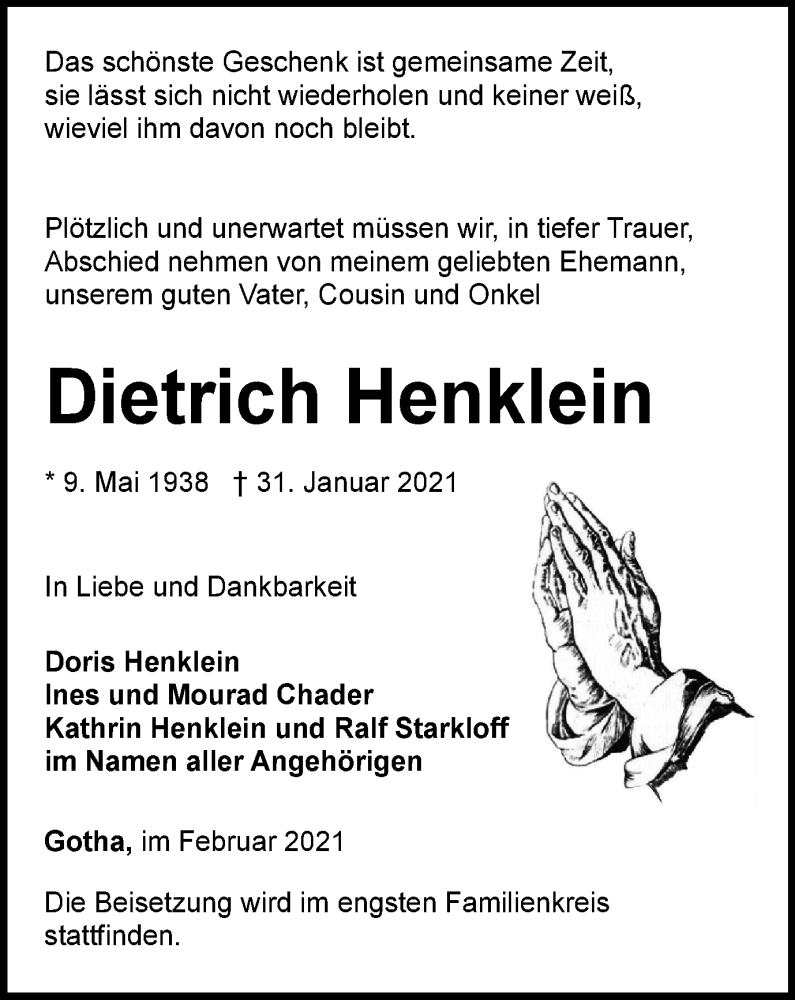  Traueranzeige für Dietrich Henklein vom 06.02.2021 aus Thüringer Allgemeine, Thüringische Landeszeitung