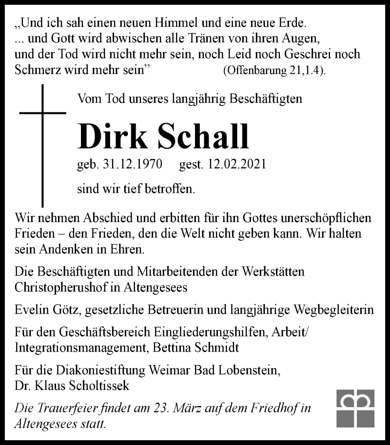  Traueranzeige für Dirk Schall vom 25.02.2021 aus Ostthüringer Zeitung