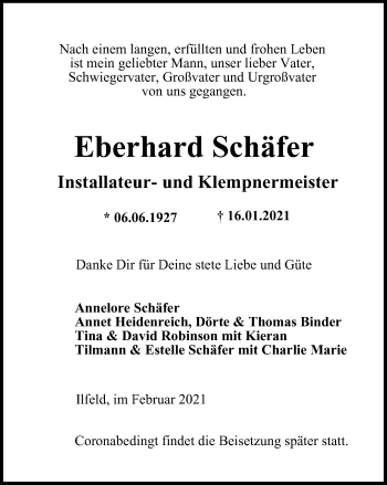 Traueranzeige von Eberhard Schäfer von Thüringer Allgemeine