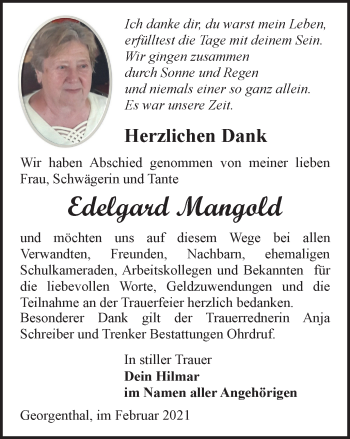 Traueranzeige von Edelgard Mangold von Thüringer Allgemeine, Thüringische Landeszeitung