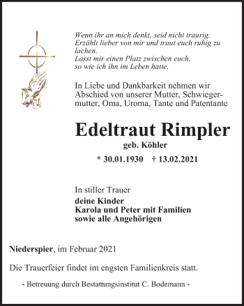 Traueranzeige von Edeltraut Rimpler