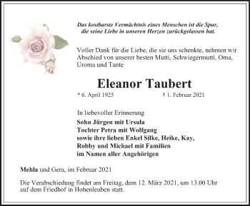 Traueranzeige von Eleanor Taubert von Ostthüringer Zeitung