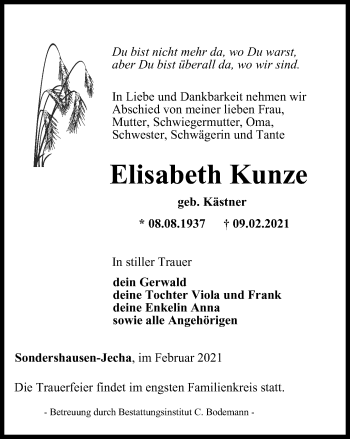 Traueranzeige von Elisabeth Kunze