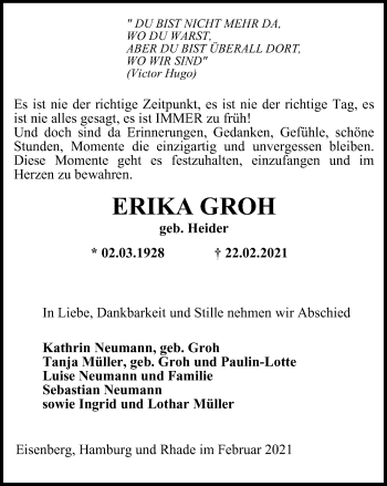 Traueranzeige von Erika Groh von Ostthüringer Zeitung