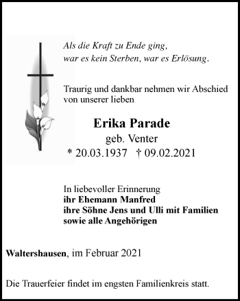 Traueranzeige von Erika Parade von Thüringer Allgemeine, Thüringische Landeszeitung