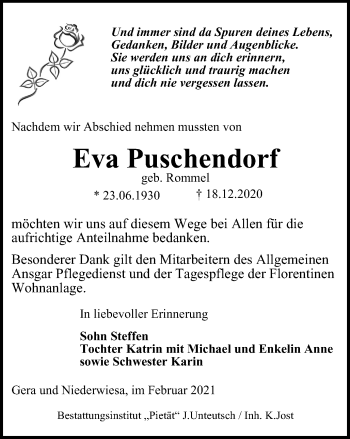 Traueranzeige von Eva Puschendorf von Ostthüringer Zeitung