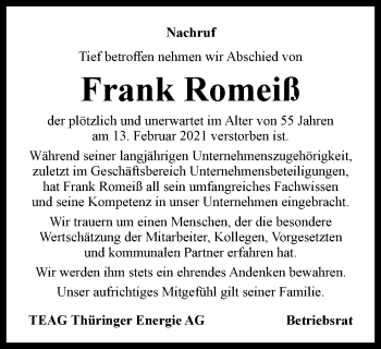 Traueranzeige von Frank Romeiß von Thüringer Allgemeine, Thüringische Landeszeitung