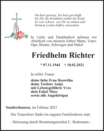 Traueranzeige von Friedhelm Richter