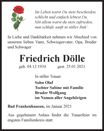Traueranzeige von Friedrich Dölle von Thüringer Allgemeine
