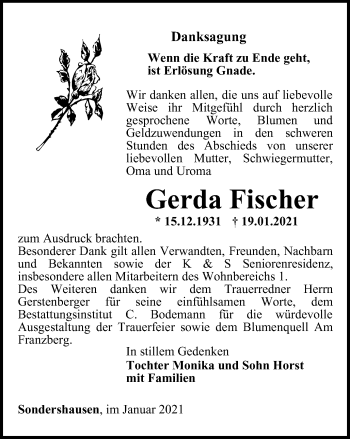 Traueranzeige von Gerda Fischer