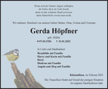 Traueranzeige von Gerda Höpfner von Thüringer Allgemeine, Thüringische Landeszeitung