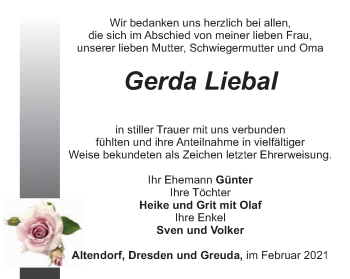 Traueranzeige von Gerda Liebal von Ostthüringer Zeitung, Thüringische Landeszeitung
