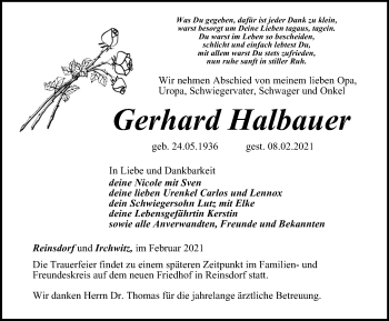 Traueranzeige von Gerhard Halbauer von Ostthüringer Zeitung