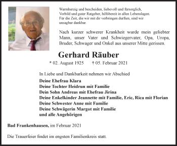 Traueranzeige von Gerhard Räuber von Thüringer Allgemeine