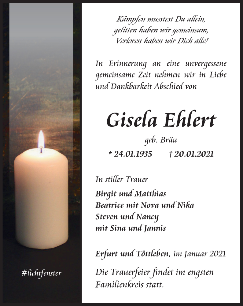 Traueranzeigen von Gisela Ehlert trauer in thueringen.de