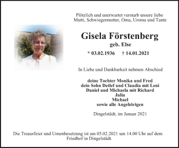 Traueranzeige von Gisela Förstenberg von Thüringer Allgemeine