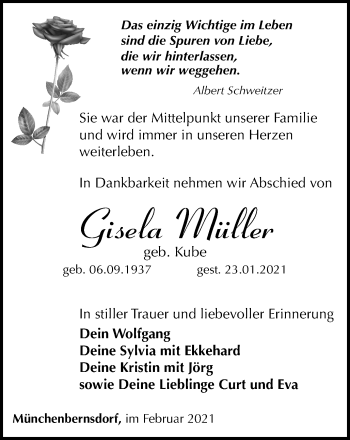 Traueranzeige von Gisela Müller von Ostthüringer Zeitung