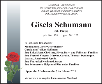 Traueranzeige von Gisela Schumann von Ostthüringer Zeitung