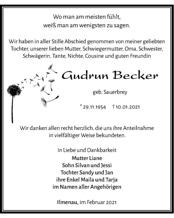Traueranzeige von Gudrun Becker von Thüringer Allgemeine