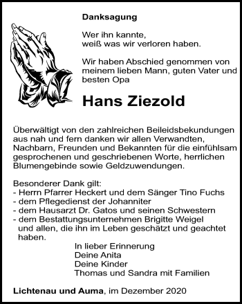 Traueranzeige von Hans Ziezold von Ostthüringer Zeitung