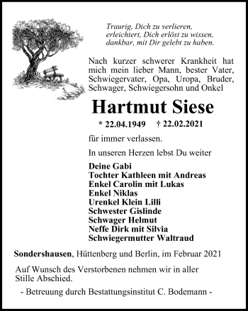 Traueranzeige von Hartmut Siese