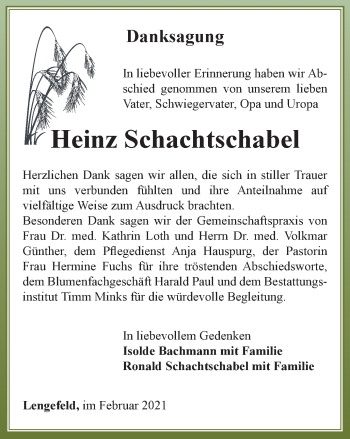 Traueranzeige von Heinz Schachtschabel von Thüringer Allgemeine, Thüringische Landeszeitung