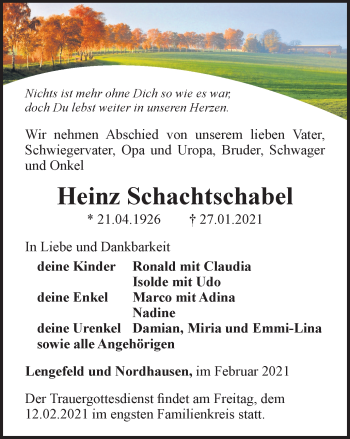 Traueranzeige von Heinz Schachtschabel von Thüringer Allgemeine, Thüringische Landeszeitung