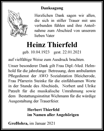 Traueranzeige von Heinz Thierfeld von Thüringer Allgemeine