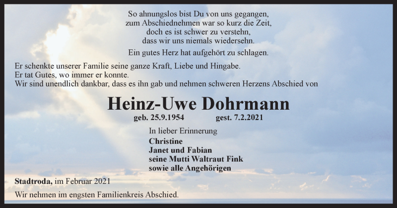  Traueranzeige für Heinz-Uwe Dohrmann vom 13.02.2021 aus Ostthüringer Zeitung