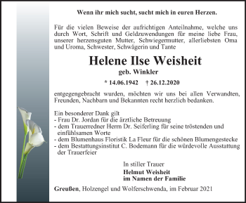 Traueranzeige von Helene Ilse Weisheit