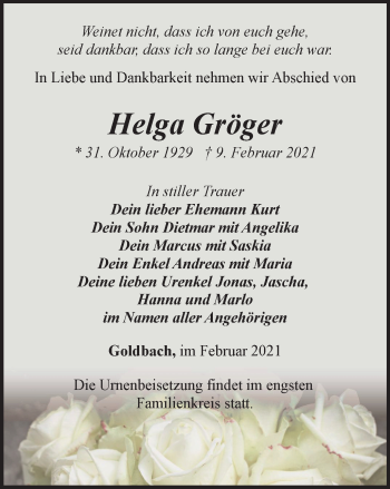 Traueranzeige von Helga Gröger von Thüringer Allgemeine, Thüringische Landeszeitung