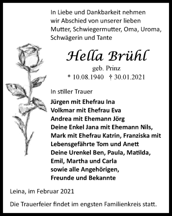 Traueranzeige von Hella Brühl von Thüringer Allgemeine, Thüringische Landeszeitung