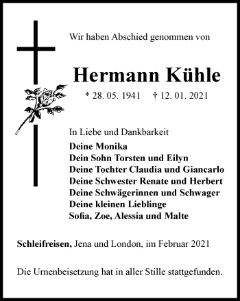 Traueranzeige von Hermann Kühle von Ostthüringer Zeitung