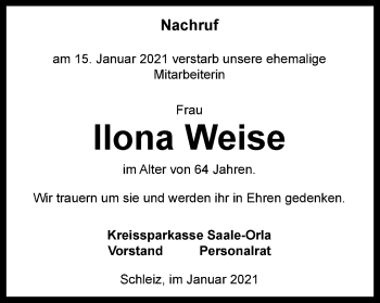 Traueranzeige von Ilona Weise von Ostthüringer Zeitung