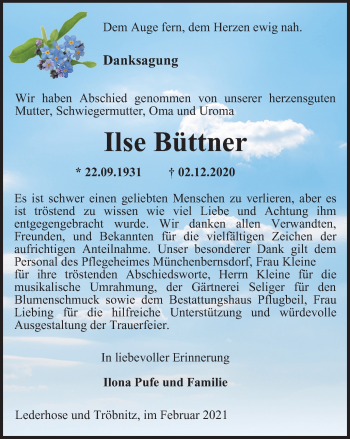 Traueranzeige von Ilse Büttner von Ostthüringer Zeitung