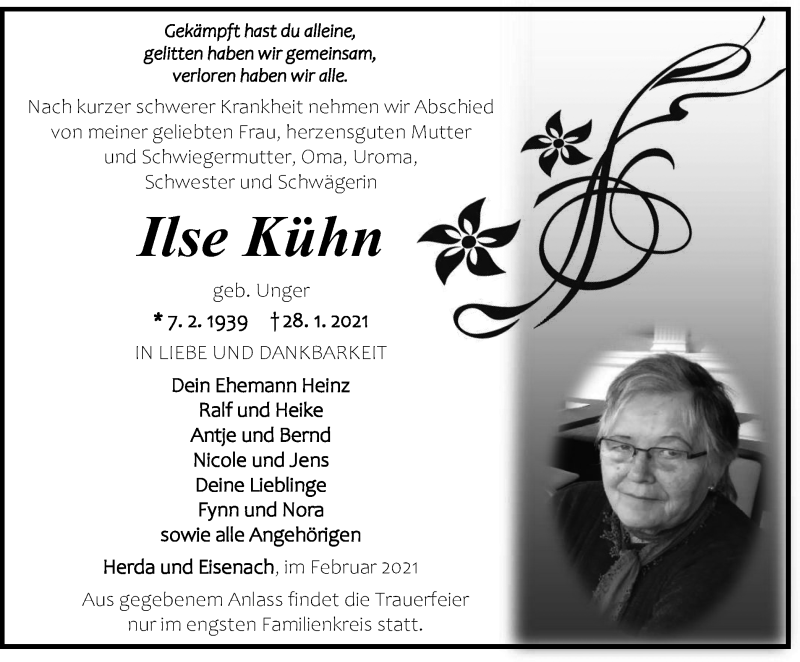 Traueranzeige für Ilse Kühn vom 13.02.2021 aus Thüringer Allgemeine, Thüringische Landeszeitung