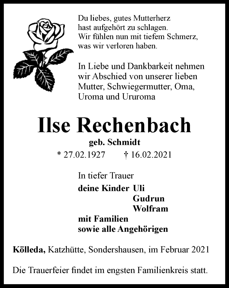  Traueranzeige für Ilse Rechenbach vom 27.02.2021 aus Thüringer Allgemeine