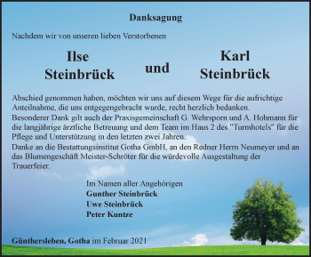 Traueranzeige von Ilse und Karl Steinbrück von Thüringer Allgemeine, Thüringische Landeszeitung