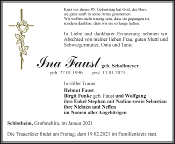 Traueranzeige von Ina Faust von Thüringer Allgemeine, Thüringische Landeszeitung