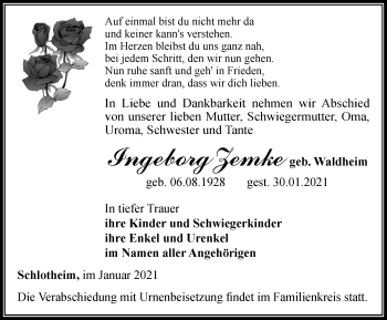 Traueranzeige von Ingeborg Zemke von Thüringer Allgemeine, Thüringische Landeszeitung