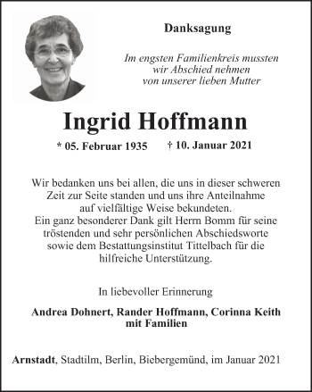 Traueranzeige von Ingrid Hoffmann von Thüringer Allgemeine