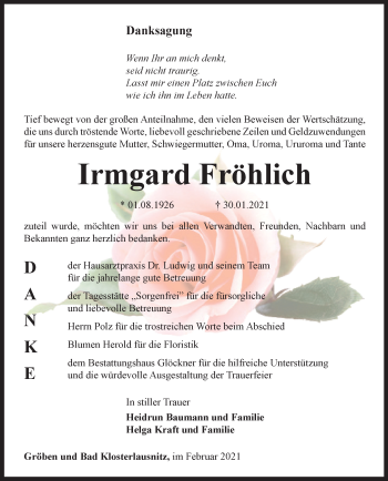 Traueranzeige von Irmgard Fröhlich von Ostthüringer Zeitung